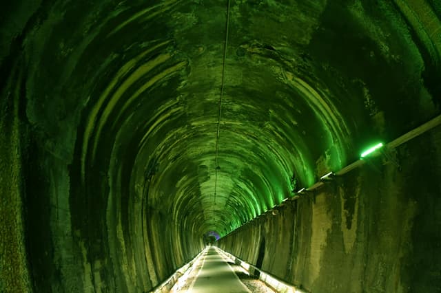 Green-lit tunnel showcasing symmetry and perspective in Miaoli City, Taiwan.