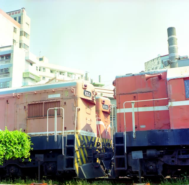 Vintage locomotives in urban setting of Changhua City, Taiwan.