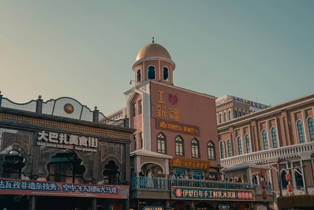 Scenic view of the Grand Bazaar's traditional architecture in Xinjiang, China, during the day.