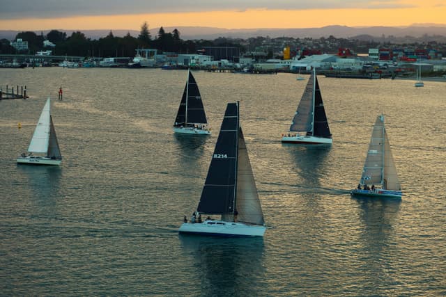 A fleet of sailboats navigating the calm waters of Tauranga during sunset, New Zealand.