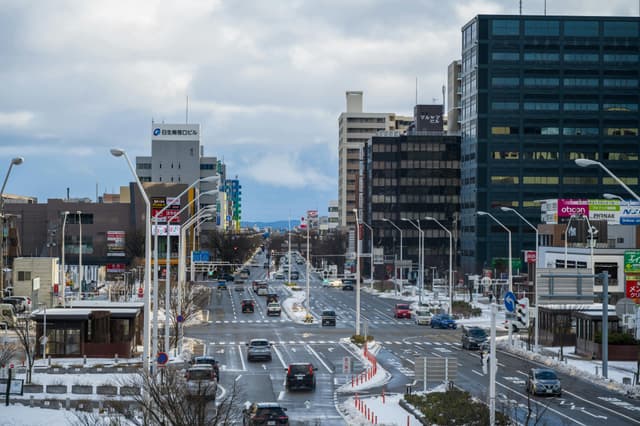 A bustling city street in winter with cars and buildings lined with snow.