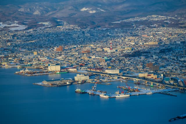Aerial shot of Hakodate cityscape and port in winter, showcasing vibrant architecture.
