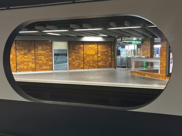 Interior view of a modern Lyon metro station platform with wooden panels and geometric design.