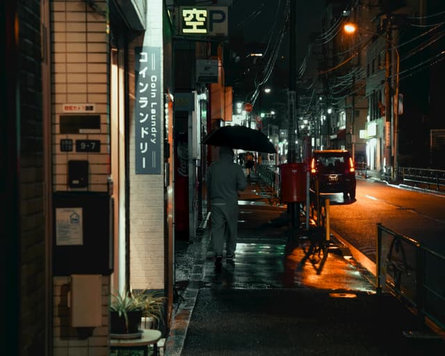A person walks under an umbrella on a dimly lit city street at night, reflecting urban life.