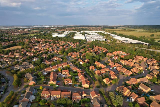 High angle shot of Caldecotte's residential neighborhood showcasing its unique urban planning.